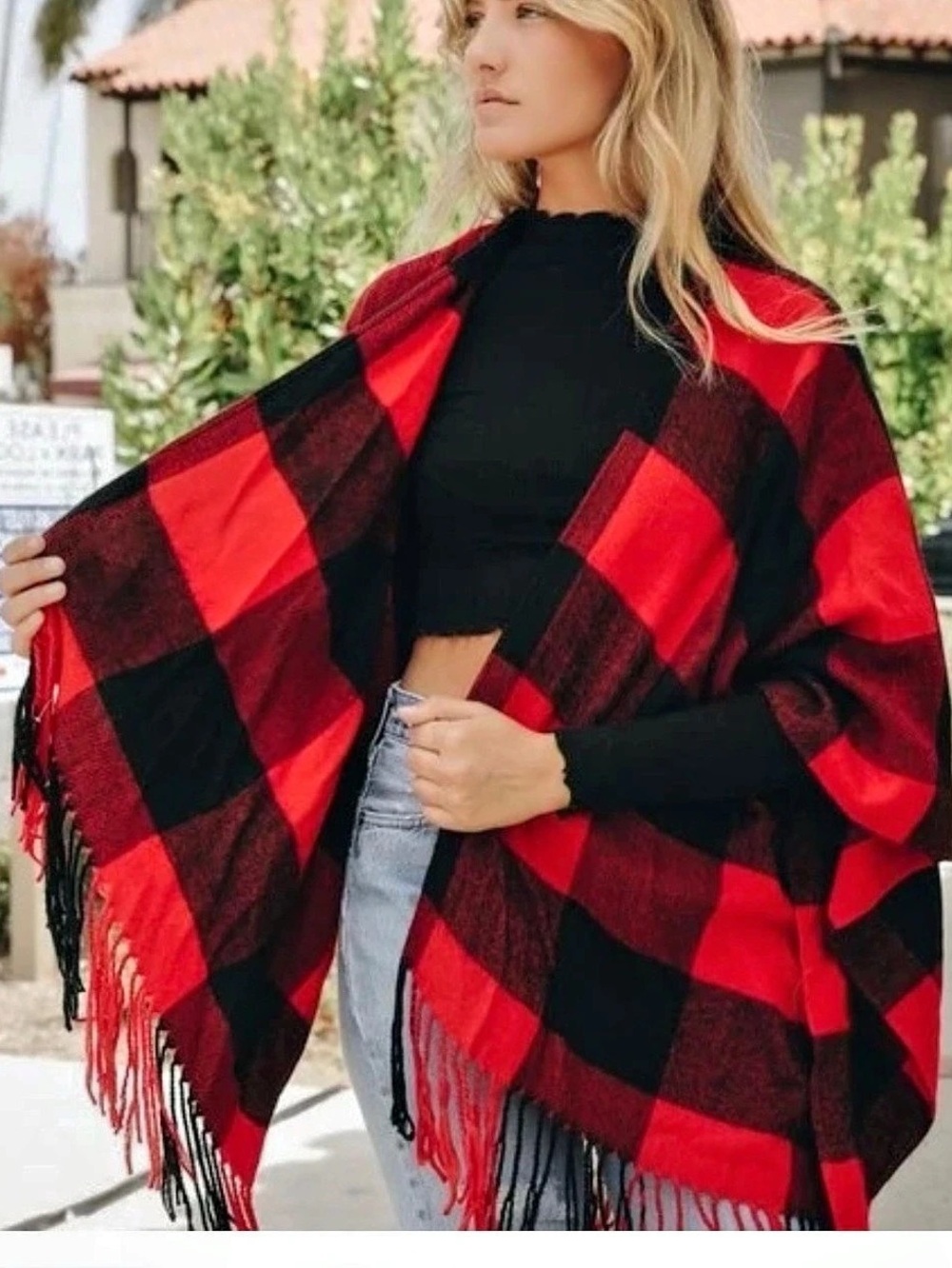 Red & Black Plaid Fringe Wrap Like New
